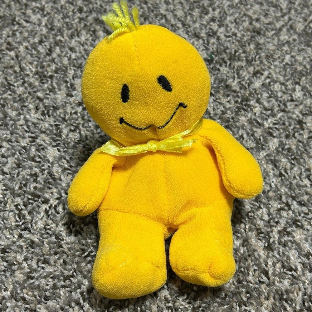 Vintage Yellow Terrycloth Plush Smiley Face Stuffed Novelty Toy Bean Filled